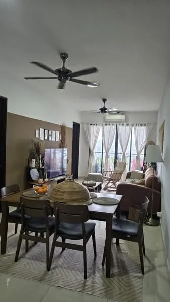 Living features: 5-blade ceiling fan with light, sofa in brown fabric, coffee table, wall-mounted TV, TV console, area rug with geometric pattern, floor-to-ceiling windows with sheer curtains, reclining chairs, decorative wall art, light-colored walls, cream tile flooring, air conditioning unit; style: modern; view: city. Dining features: 6-seater dining table in wood, upholstered dining chairs, decorative fruit bowl, table runner, wall-mounted lamp, open shelving, neutral wall color; style: modern.