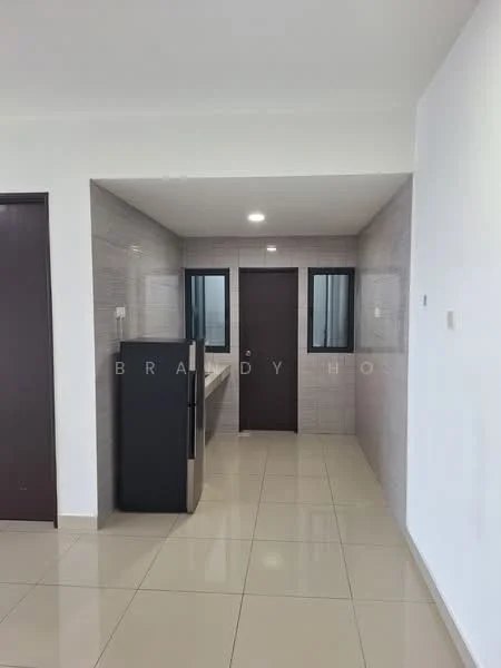 Room features: glossy beige tile flooring, white painted walls, recessed downlights, black refrigerator, grey cabinetry, glass partition windows, countertop with backsplash, doorway leading to other rooms; style: modern.