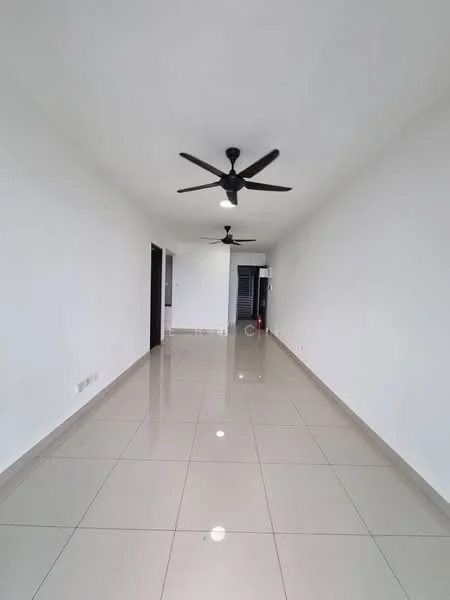 Room features: white painted walls, glossy ceramic tile flooring, 2 ceiling fans, recessed downlights, open layout, neutral color scheme, no visible furniture, long hallway; style: modern.