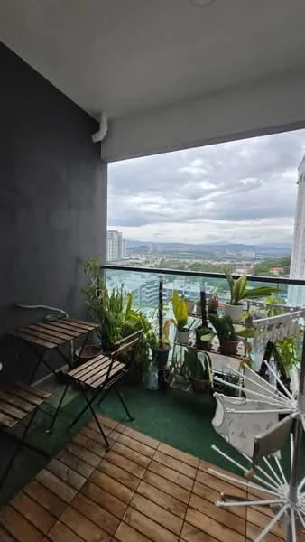 Balcony features: wooden decking, glass railing, city view, potted plants, 2 folding wooden chairs, small wooden table, green carpet, grey painted walls; style: modern; view: city.