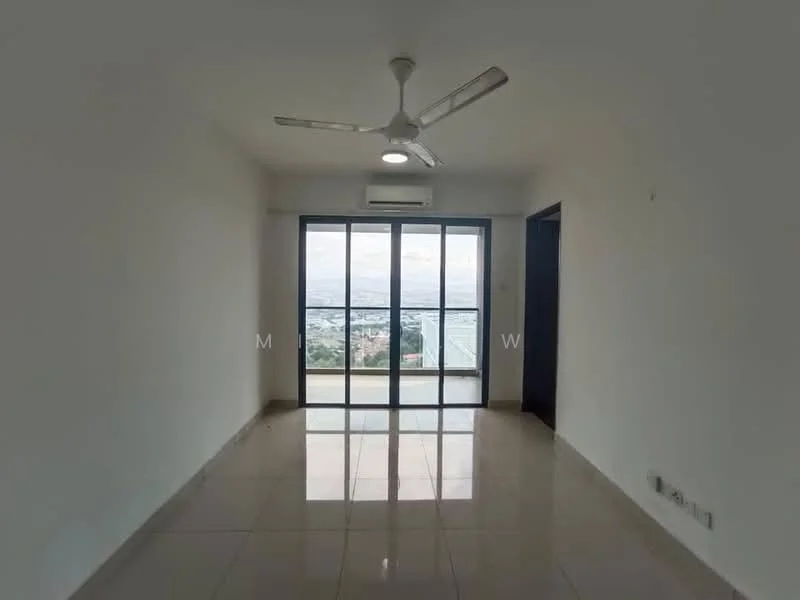 Living features: white painted walls, glossy tile flooring, 5-blade ceiling fan with light, wall-mounted split AC, floor-to-ceiling windows, sliding glass door, city view; style: modern; view: city.