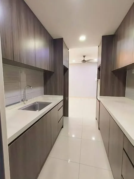 Kitchen features: laminate cabinetry in dark wood finish, white quartz countertop, single-bowl stainless-steel sink, chrome pull-down faucet, ceramic tile flooring, recessed LED downlights, 5-blade ceiling fan, backsplash with grey tile, open shelving, built-in cabinets; style: modern.
