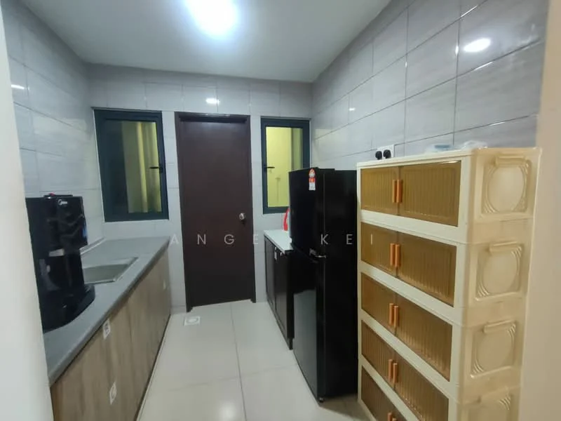 Kitchen features: grey tiled walls, light grey countertop, stainless-steel sink, black refrigerator, white storage cabinet with gold accents, two windows, door, ceramic tile flooring, built-in cabinetry; style: modern.