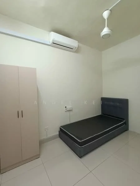 Bedroom features: single bed with grey upholstered frame, mattress on bed, built-in wardrobe with light wood finish, wall-mounted air conditioning unit, ceiling fan, white painted walls, glossy tile flooring; style: modern.