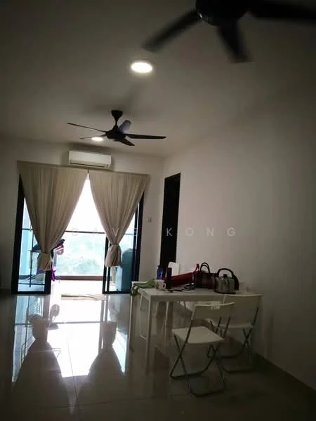 Living features: white painted walls, glossy tile flooring, 5-blade ceiling fan, recessed downlights, floor-to-ceiling windows, sheer curtains, sliding glass door, dining table, two folding chairs, air conditioning unit; style: modern; view: city.