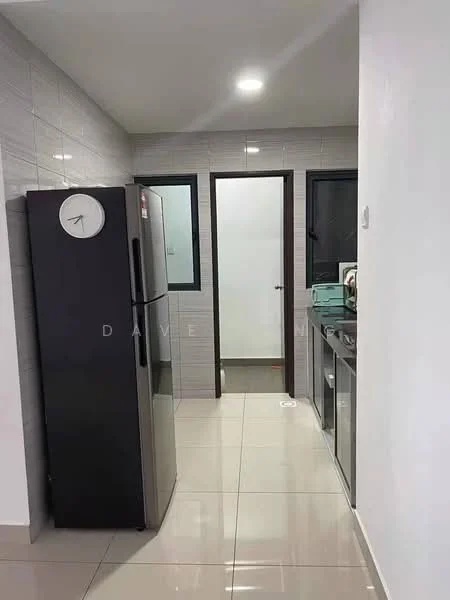 Kitchen features: stainless-steel fridge, grey cabinetry, black countertop, white tiled backsplash, ceramic tile flooring, recessed downlights, wall-mounted clock, open shelving, window with glass pane, door leading to another room; style: modern.