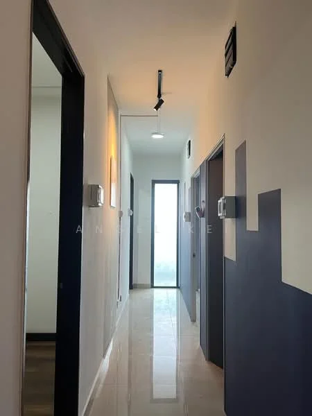 Hallway features: white painted walls, blue accent wall, glossy tile flooring, recessed downlights, track lighting, mirror on wall, door frames in dark color, glass door at end of hallway; style: modern.