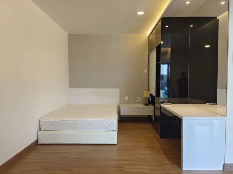 Bedroom features: queen-size bed frame without mattress, built-in wardrobe with black glossy finish, white bedside table, white desk with drawer, wooden flooring, recessed downlights, plain white walls, grey accent wall; style: modern.