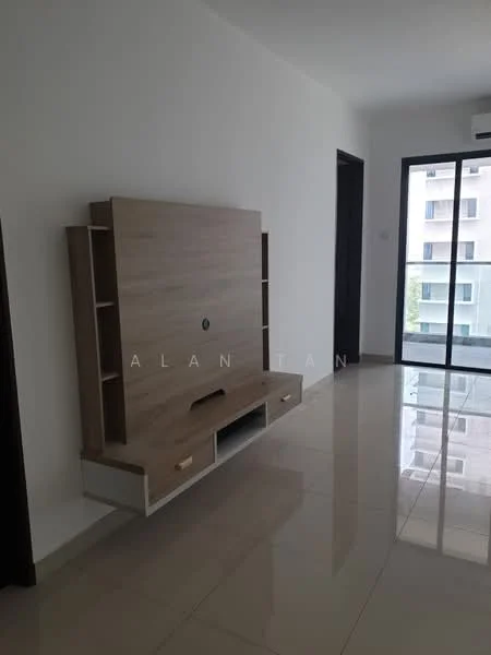Living features: white painted walls, glossy ceramic tile flooring, built-in wooden TV console, floor-to-ceiling sliding glass door, natural light from window, neutral color palette, minimalist design, air conditioning unit; style: modern.