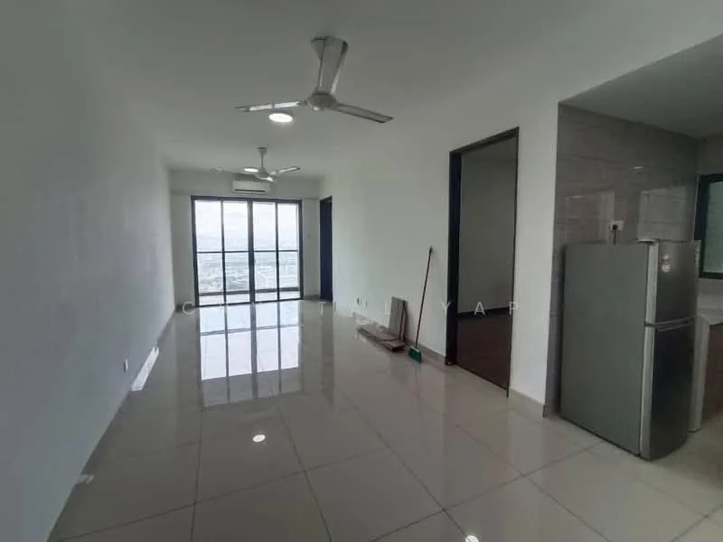 Living features: white painted walls, glossy tile flooring, 2 ceiling fans, floor-to-ceiling windows, city view, recessed downlights, sliding glass door, open layout, kitchen area visible, broom visible; style: modern; view: city. Kitchen features: stainless-steel fridge, grey cabinetry, countertop visible; style: modern.