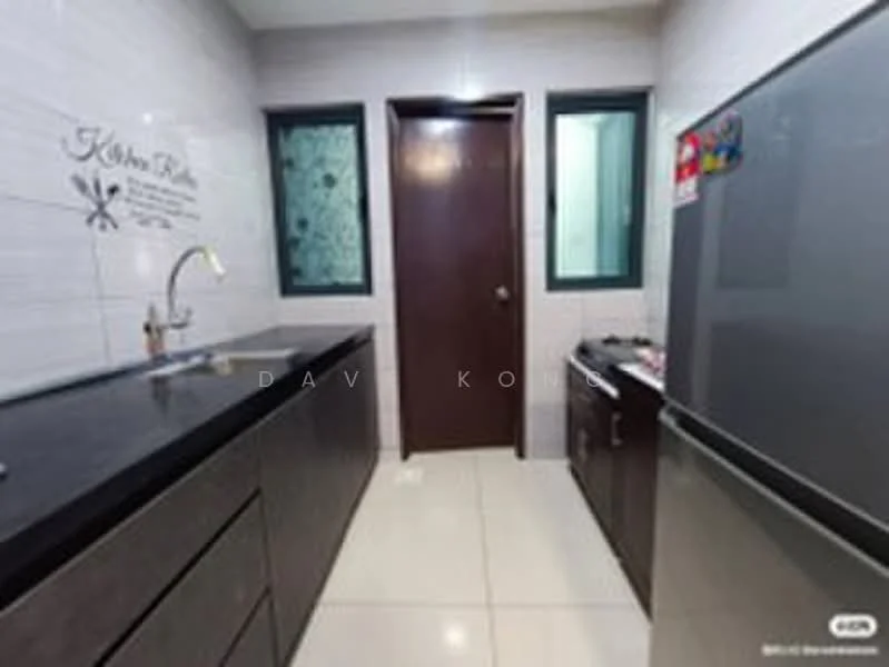 Kitchen features: black granite countertop, single-bowl stainless-steel sink, chrome pull-down faucet, dark wood cabinetry, built-in refrigerator, white ceramic tile flooring, white tiled walls, two windows with green frames, wall-mounted kitchen decor, door to utility area; style: modern.
