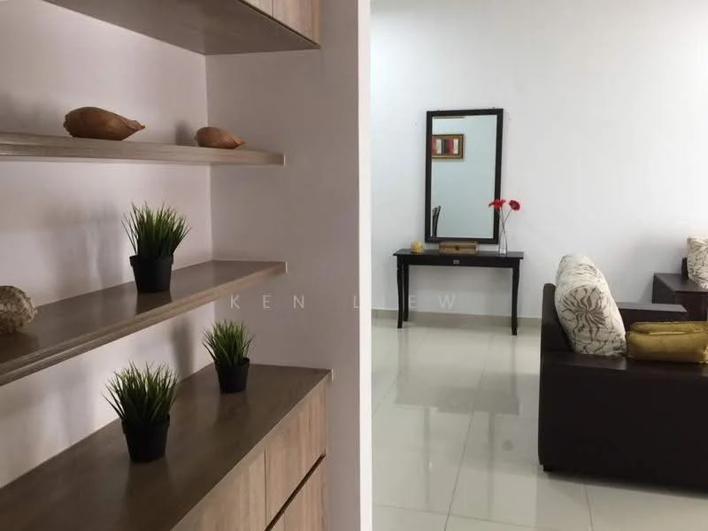 Room features: wooden shelving unit, decorative shells on shelves, small potted plants, white painted walls, glossy tile flooring, mirror on wall, dark wooden console table, decorative artwork on wall, sofa with patterned cushions, yellow cushion on sofa; style: modern.