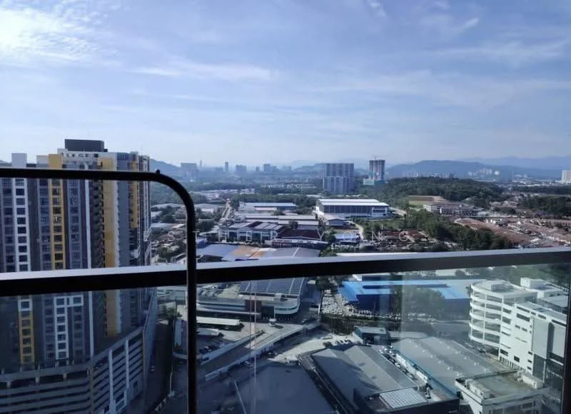 Exterior type: high-rise condominium; features: city skyline view, glass balcony railing, surrounding urban landscape, visible commercial buildings, mountain range in background, clear blue sky; style: modern.