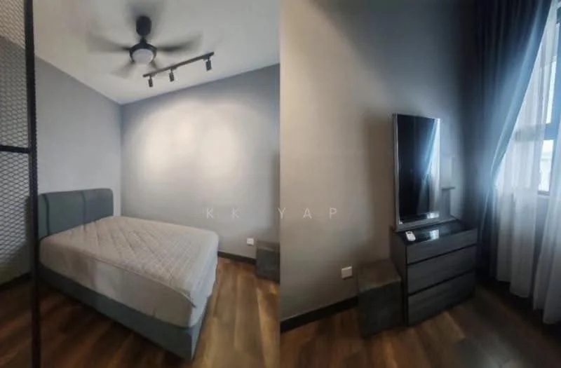 Bedroom features: queen-size bed, 5-blade ceiling fan, wooden flooring, grey painted walls, floor-to-ceiling window, curtains, wall-mounted TV, nightstand, drawer unit; style: modern.