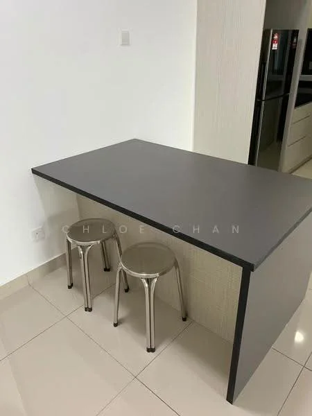 Kitchen features: black countertop, stainless-steel stools, white painted walls, glossy tile flooring, built-in cabinetry, refrigerator visible in background; style: modern.