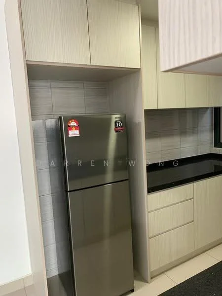 Kitchen features: stainless-steel fridge, light wood cabinetry, black granite countertop, grey tiled backsplash, white walls, tile flooring, single-bowl stainless-steel sink, built-in cabinetry; style: modern.