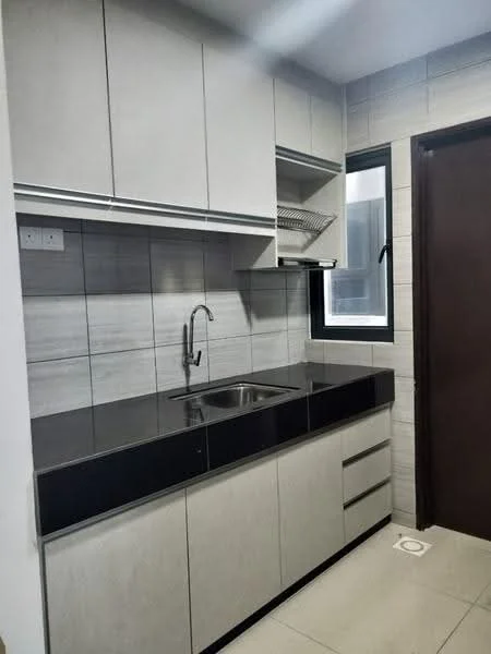 Kitchen features: grey cabinetry, black countertop, single-bowl stainless-steel sink, chrome pull-down faucet, wall-mounted shelving, tile backsplash, ceramic tile flooring, window with black frame, built-in cabinets, drawer storage; style: modern.