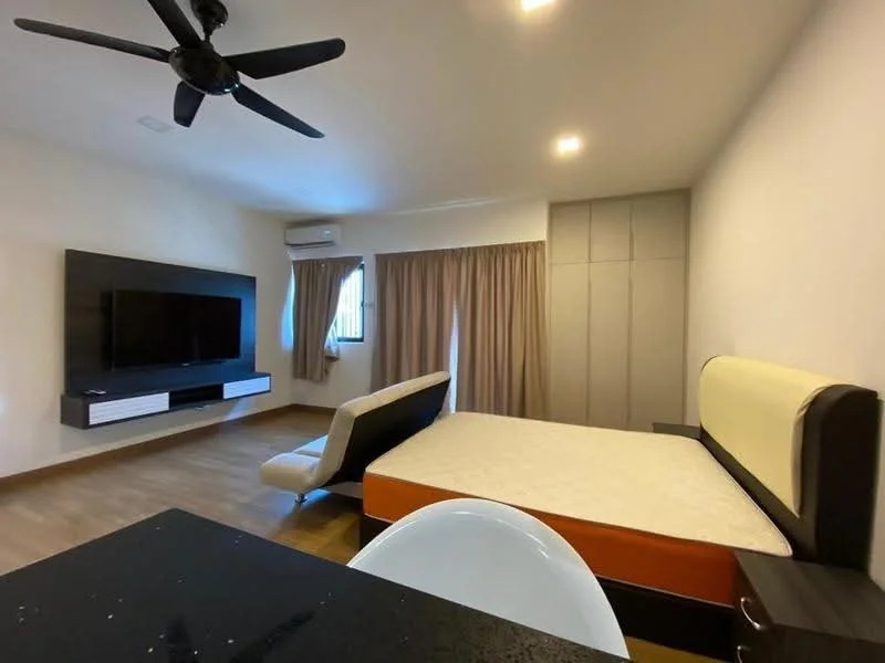 Bedroom features: queen-size bed with upholstered headboard, wall-mounted TV, black TV console, sofa, curtains, air conditioning unit, built-in wardrobe, wooden flooring, recessed ceiling lights, ceiling fan; style: modern.