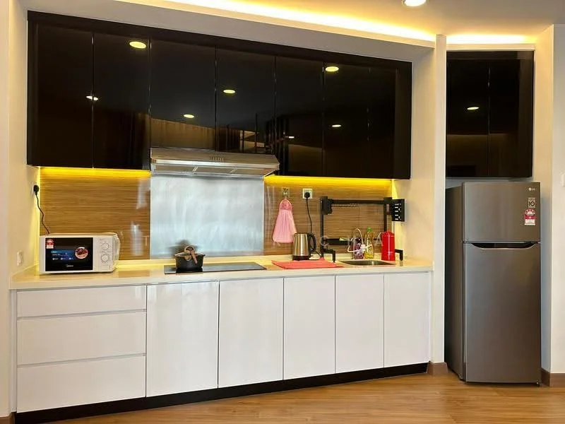 Kitchen features: white cabinetry, black upper cabinets, stainless-steel sink, chrome pull-down faucet, black countertop, built-in oven, microwave, stainless-steel fridge, kettle, red dish drying rack, wooden flooring, recessed LED downlights, tile backsplash; style: modern.