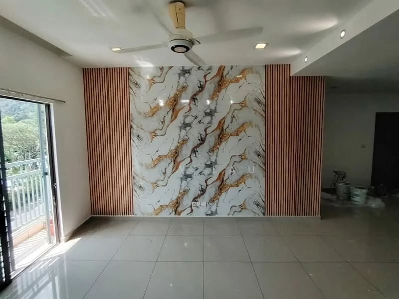Living features: white walls, marble feature wall with gold and grey veining, wood paneling, large sliding glass door, floor-to-ceiling windows, polished tile flooring, ceiling fan with light, recessed downlights; style: modern; view: garden.