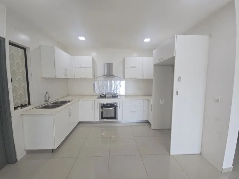 Kitchen features: white cabinetry, stainless-steel sink, chrome pull-down faucet, built-in oven, 4-burner gas hob, stainless-steel range hood, white countertop, ceramic tile flooring, recessed LED downlights, window with sheer curtains; style: modern.