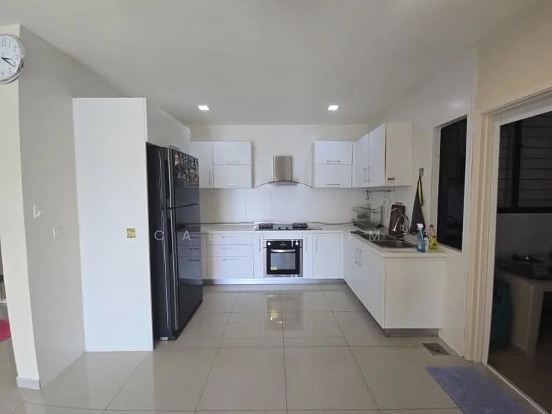 Kitchen features: white cabinetry, stainless-steel fridge, built-in oven, 4-burner gas hob, stainless-steel range hood, white countertop, ceramic tile backsplash, grey tiled flooring, recessed LED downlights, single-bowl stainless-steel sink, window with black frame, open shelving, kitchen island; style: modern.