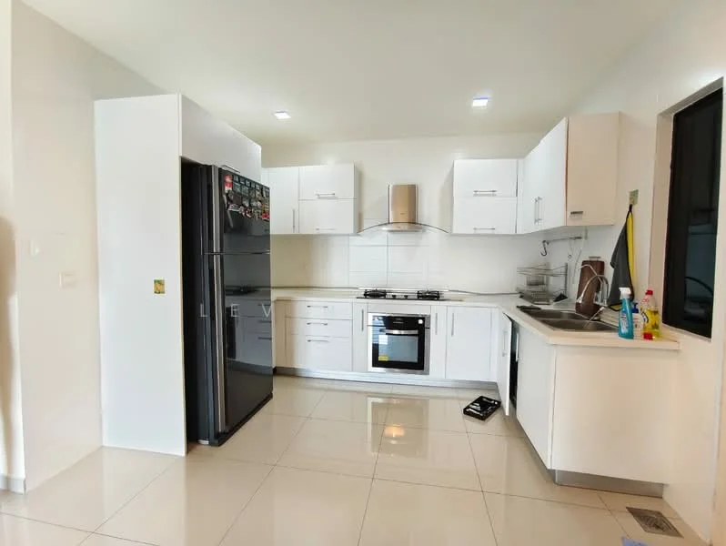 Kitchen features: white shaker cabinets, black stainless-steel fridge, built-in oven, 4-burner gas hob, stainless-steel range hood, white quartz countertop, ceramic tile backsplash, double-bowl stainless-steel sink, chrome pull-down faucet, recessed LED downlights, tile flooring, window with black frame; style: modern.