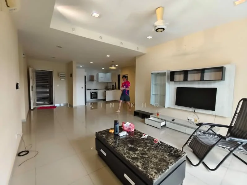 Living features: marble tile flooring, cream painted walls, ceiling fan, wall-mounted TV, entertainment unit, coffee table with marble top, black reclining chair, open layout to kitchen, large windows, LED ceiling lights; style: modern. Kitchen features: white cabinetry, stainless-steel appliances, granite countertop, open layout to living area, pendant lighting; style: modern.