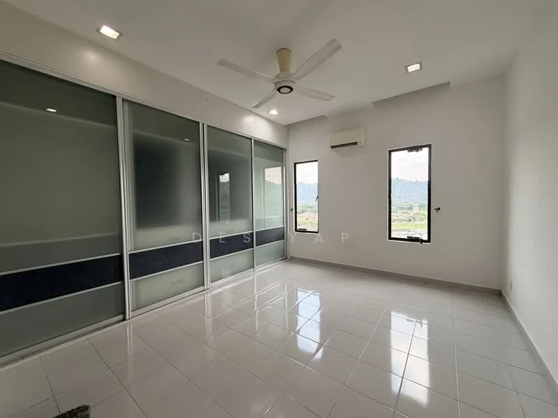 Room features: white painted walls, glossy white tile flooring, 5-blade ceiling fan with light, 2 windows with black frames, air conditioning unit, glass sliding wardrobe, mountain view visible through windows, recessed ceiling lights; style: modern; view: mountain.