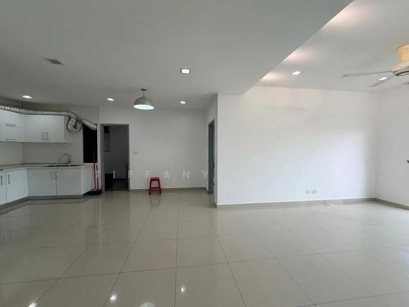 Living features: white painted walls, glossy ceramic tile flooring, recessed downlights, ceiling fan, open layout, large windows, kitchen area with cabinetry, stainless-steel exhaust hood, red stool; style: modern. Kitchen features: white cabinetry, stainless-steel sink, countertop, kitchen exhaust duct; style: modern.