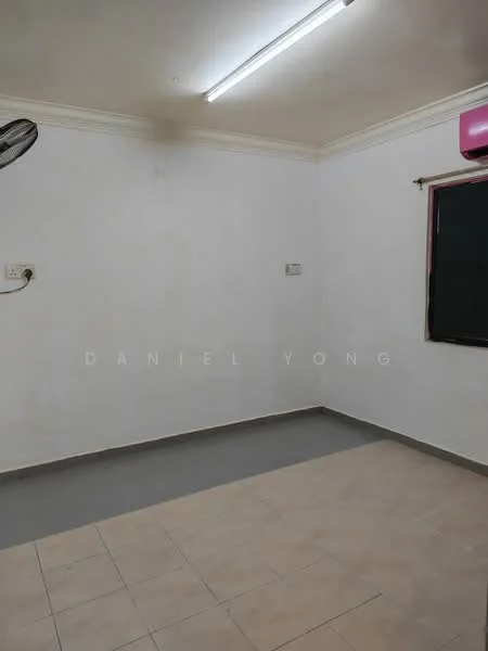 Room features: white painted walls, grey tiled flooring, fluorescent ceiling lights, window with black treatment, wall-mounted fan.
