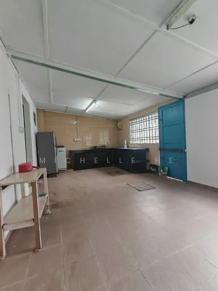 Kitchen features: white walls, tile flooring, ceiling lights, single-bowl stainless-steel sink, black countertop, wooden cabinetry, fridge, window with metal grille, blue door, open layout, work surface, shelving unit.