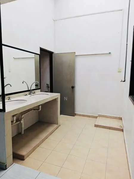 Bathroom features: double-sink vanity with white countertop, chrome basin mixers, large wall-mounted mirror, tiled flooring, white painted walls, built-in shelving under the sink, window for natural light, light fixture on the wall; style: modern.
