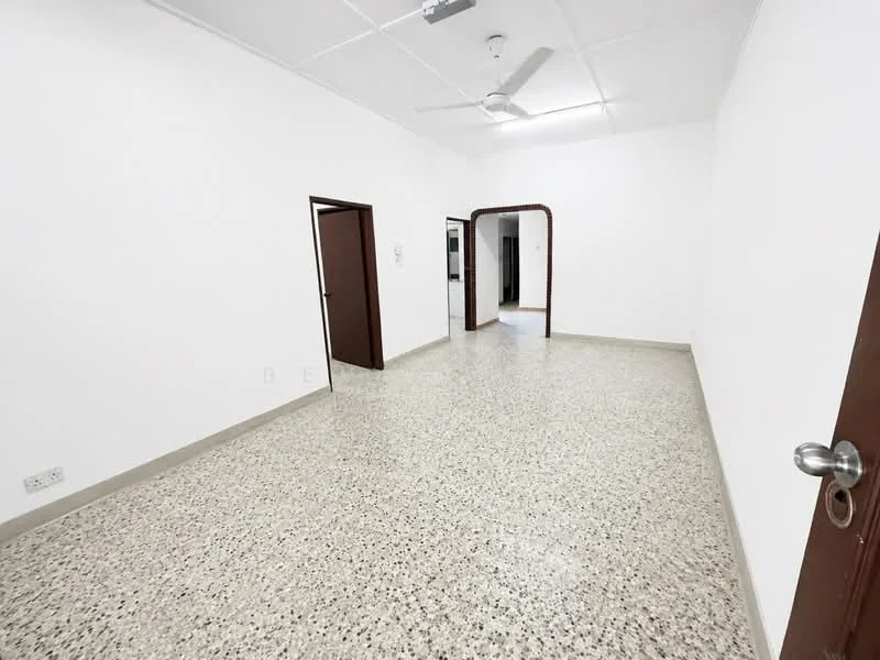 Room features: white painted walls, terrazzo flooring, ceiling fan, doorway leading to another room, doorway leading to hallway, light fixture on ceiling, neutral color scheme; style: minimalist.