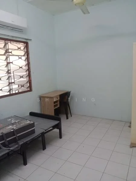 Room features: white painted walls, tiled flooring, 1 wall-mounted split AC, ceiling fan, window with security bars, single bed frame, wooden desk, black chair, empty wardrobe; style: minimalist.