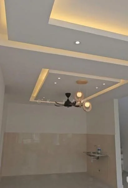 Room features: tray ceiling with recessed lighting, ceiling fan with integrated light, wall-mounted sink, light-colored wall tiles, neutral wall color, LED strip lighting, spotlights, smooth ceiling finish; style: modern.