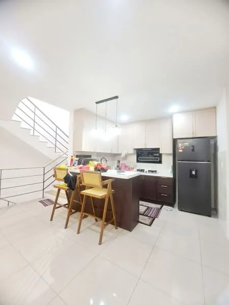 Kitchen features: island kitchen with seating for 3, black refrigerator, built-in oven, stainless-steel sink, chrome pull-down faucet, white cabinetry, light-colored countertops, tile backsplash, recessed downlights, ceramic tile flooring, stainless-steel range hood, open shelving, decorative kitchen rug; style: modern.