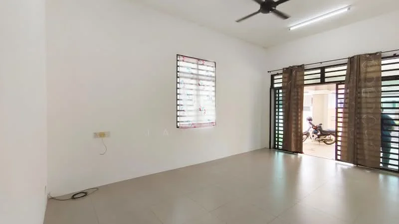 Room features: white painted walls, tile flooring, ceiling fan, window with horizontal slats, curtains, sliding glass door, door leading to outdoor area.
