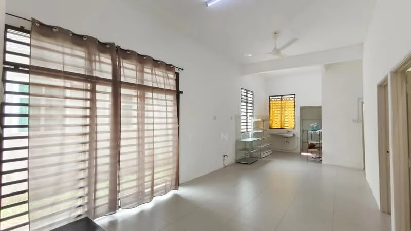 Living features: white painted walls, tile flooring, 5-blade ceiling fan, floor-to-ceiling windows, sliding glass door, sheer curtains, built-in shelving unit, natural light from windows; style: modern; view: garden.