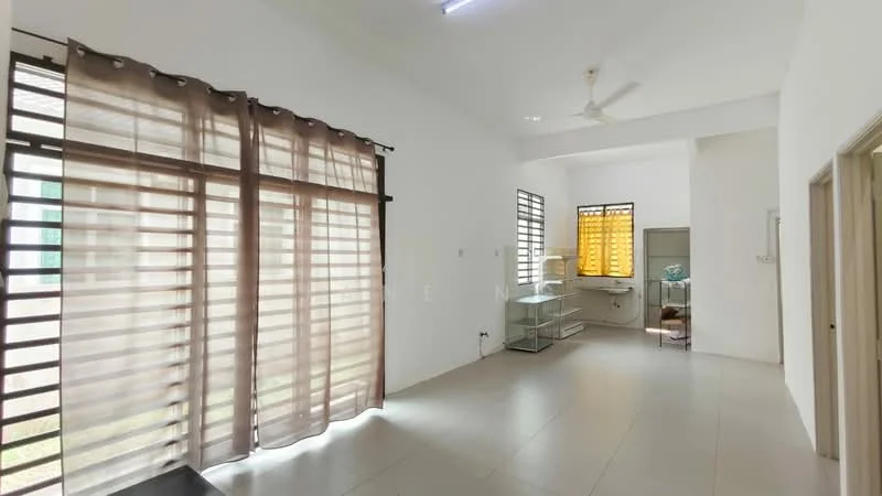Living features: white painted walls, tile flooring, 5-blade ceiling fan, large windows with horizontal slats, sheer curtains, natural light from windows, open layout, wall-mounted shelving unit, kitchen area visible in background; style: modern; view: garden.