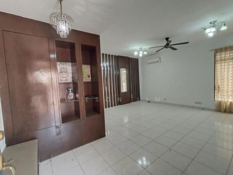 Living features: white painted walls, glossy ceramic tile flooring, 5-blade ceiling fan with light, 2 ceiling-mounted lights, built-in wooden shelving unit, neutral curtains, air conditioning unit, open layout; style: modern.