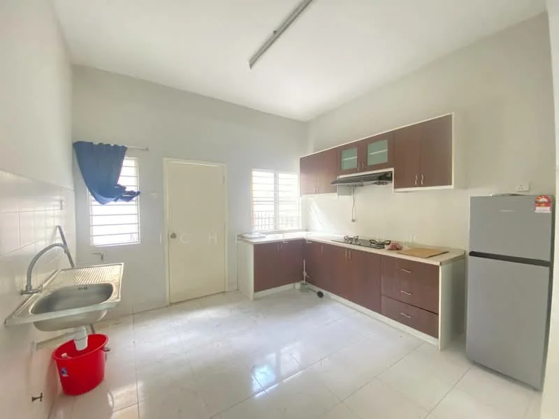 Kitchen features: white tiled flooring, grey painted walls, single-bowl stainless-steel sink, chrome pull-down faucet, laminate countertop, brown cabinetry with glass-front upper cabinets, built-in gas stove, exhaust hood, freestanding fridge, window with sheer curtains, door leading to outside, wall-mounted light fixture; style: modern.
