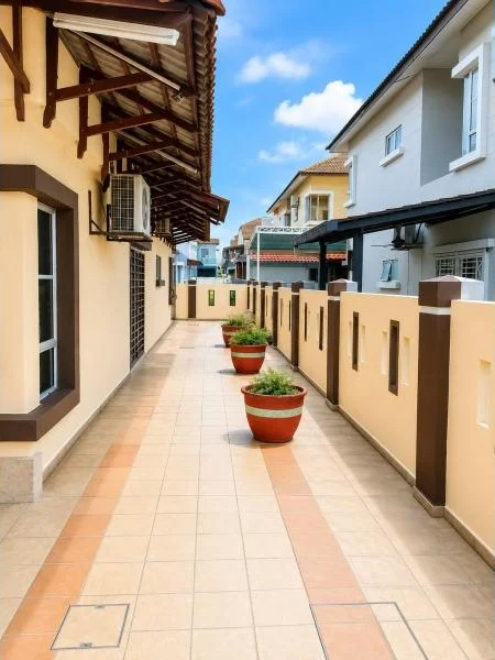 Exterior type: townhouse; features: double-storey, cream painted facade, white painted facade, pitched tile roof, exposed timber roof structure, covered side walkway, tiled walkway, cream boundary wall, small rectangular wall openings, potted plants, fronts a quiet residential street, adjacent houses visible; style: traditional.