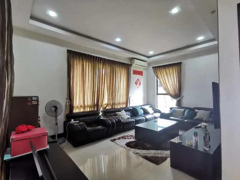 Living features: black leather sectional sofa, coffee table, area rug with geometric pattern, floor-to-ceiling windows, sheer curtains, dark wood console table, wall-mounted air conditioning unit, ceiling with recessed lighting, decorative wall art, fan, cream painted walls, polished tile flooring; style: modern.