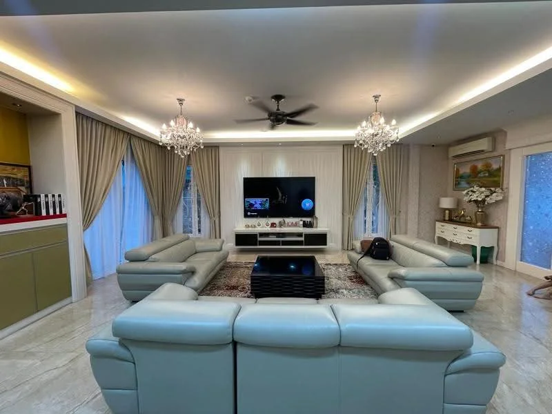 Living features: 3-seater leather sofa in light blue, 2-seater leather sofa in light blue, chandelier lighting, 5-blade ceiling fan with light, wall-mounted TV, TV console, area rug with geometric pattern, marble flooring, floor-to-ceiling windows with sheer curtains, decorative wall paneling, side table with decorative items, plant in ceramic pot; style: modern.