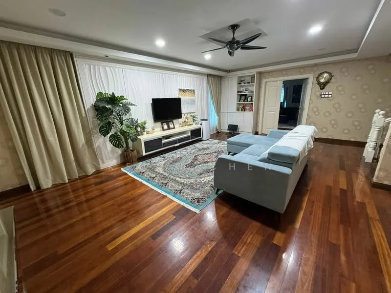 Living features: wooden flooring, light grey fabric sectional sofa, area rug with intricate pattern, wall-mounted TV, TV console with storage, potted houseplant, curtains in light beige, recessed ceiling lights, ceiling fan with light, decorative wall clock, built-in shelving unit, wall with wallpaper pattern; style: contemporary.