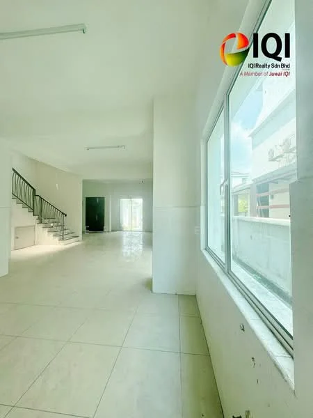 Room features: white painted walls, tile flooring, large windows, staircase with metal railing, open layout, natural light, high ceiling, neutral color scheme; style: modern.