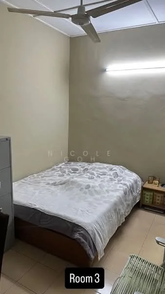 Bedroom features: queen-size bed with white floral bedding, light brown wooden bed frame, grey bedspread, cream painted walls, tile flooring, ceiling fan, LED strip lighting, nightstand with decorative items, metal filing cabinet, wooden storage box; style: minimalist.