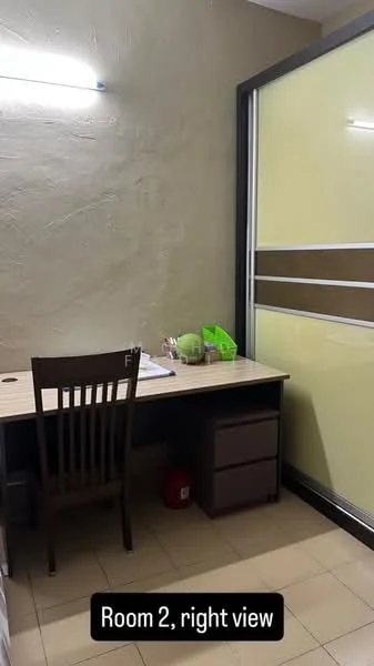 Study features: wooden desk, wooden chair, green storage basket, notebook on desk, laminate flooring, light-colored walls, glass partition with brown stripes, overhead LED lighting; style: modern.