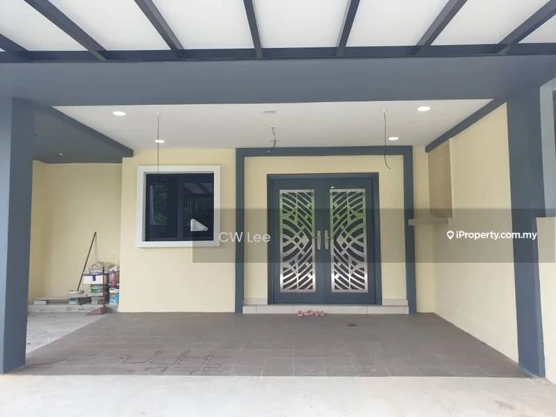 Exterior features: grey painted facade, double front doors with decorative pattern, large window on the left, overhang roof with exposed beams, outdoor flooring with grey tiles, light fixtures on ceiling, neutral yellow wall, concrete flooring; style: modern.
